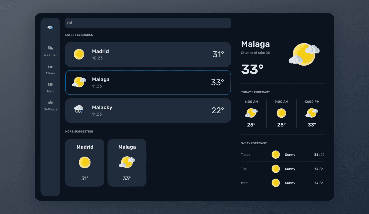 weather tablet app dark design template detail screen