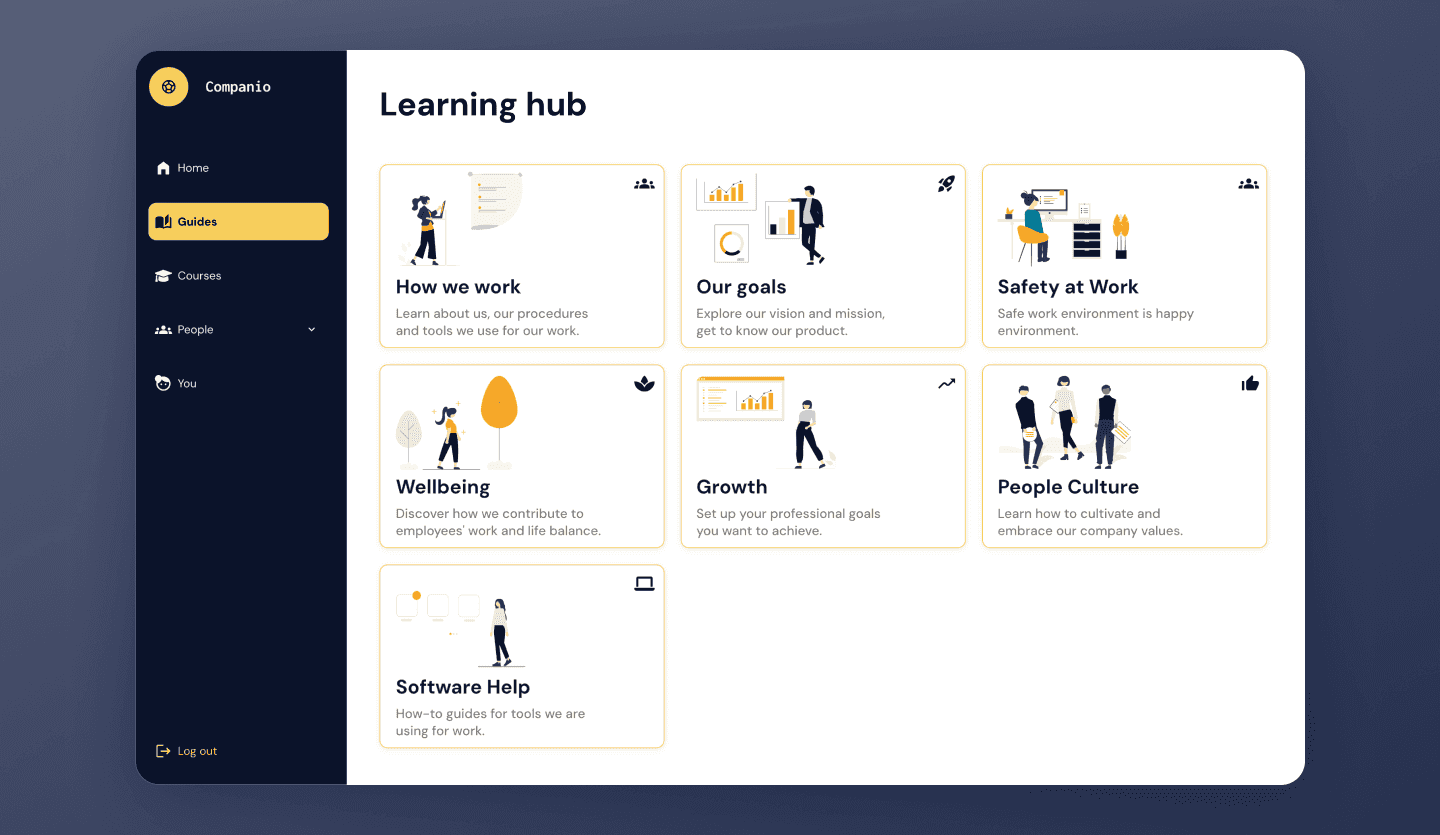 Employee onboarding web app UI design template hub screen